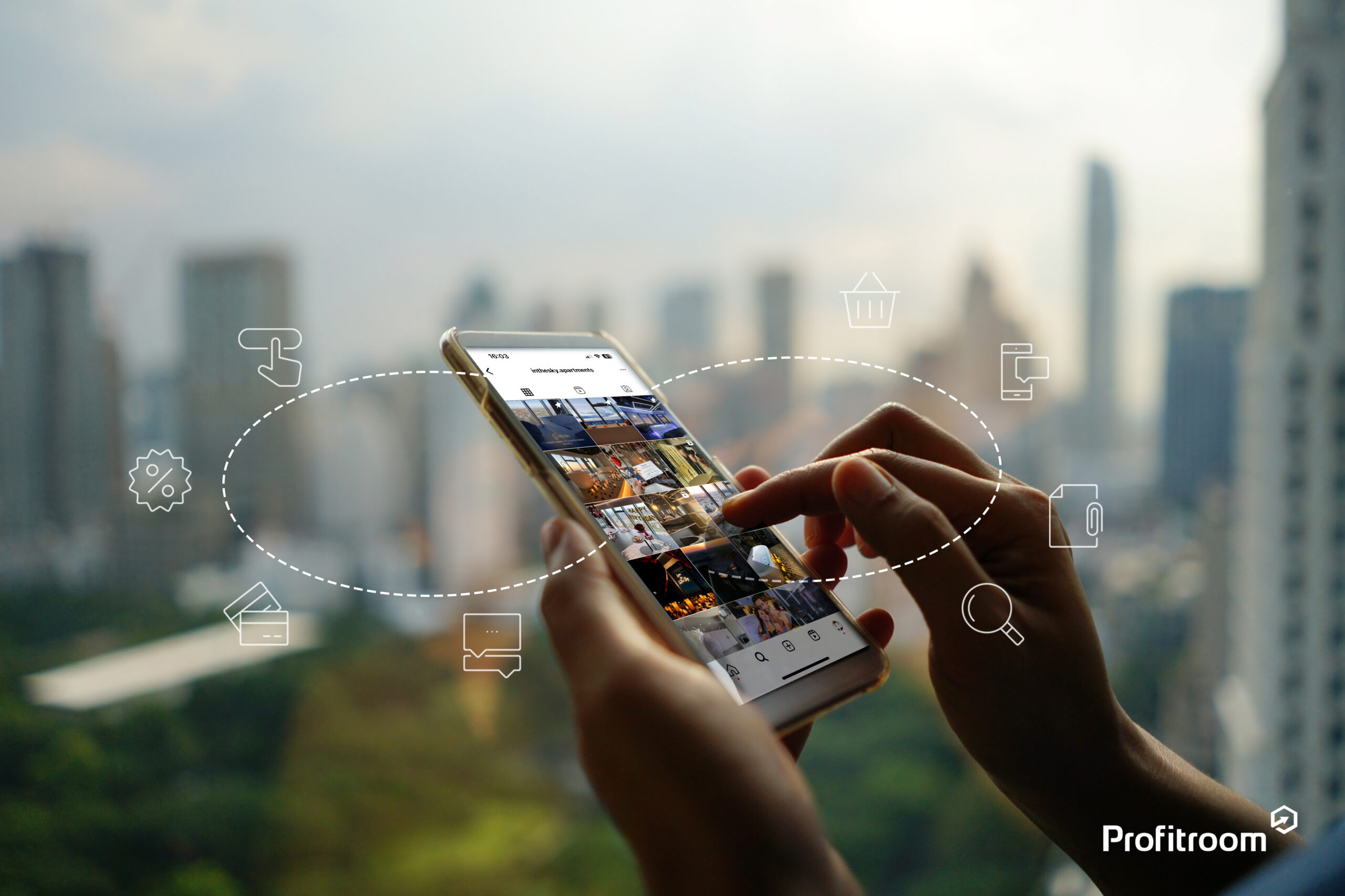 Female hand holding, using smartphone on blurred background of cityscape with high rise business metropolis building and green zone of trees in the park. Technology's impact on people's live concept.